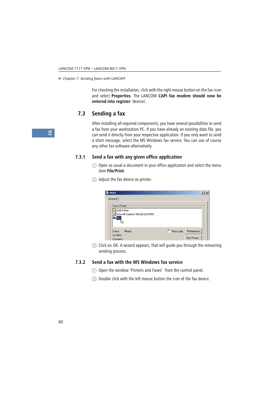 3 sending a fax, 1 send a fax with any given office application, 2 send a fax with the ms windows fax service | Lancom Systems 7111 VPN User Manual | Page 60 / 77