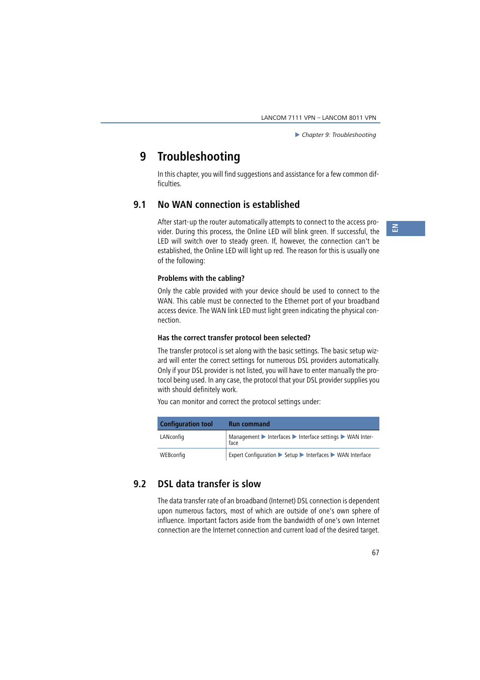 9 troubleshooting, 1 no wan connection is established, 2 dsl data transfer is slow | Lancom Systems 7111 VPN User Manual | Page 67 / 77