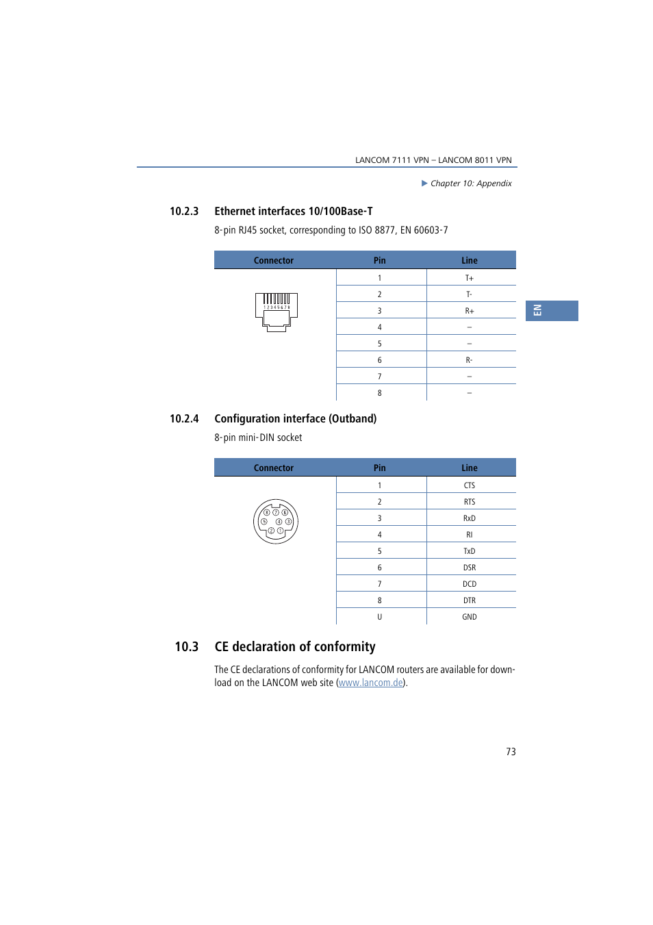 3 ethernet interfaces 10/100base-t, 4 configuration interface (outband), 3 ce declaration of conformity | Lancom Systems 7111 VPN User Manual | Page 73 / 77