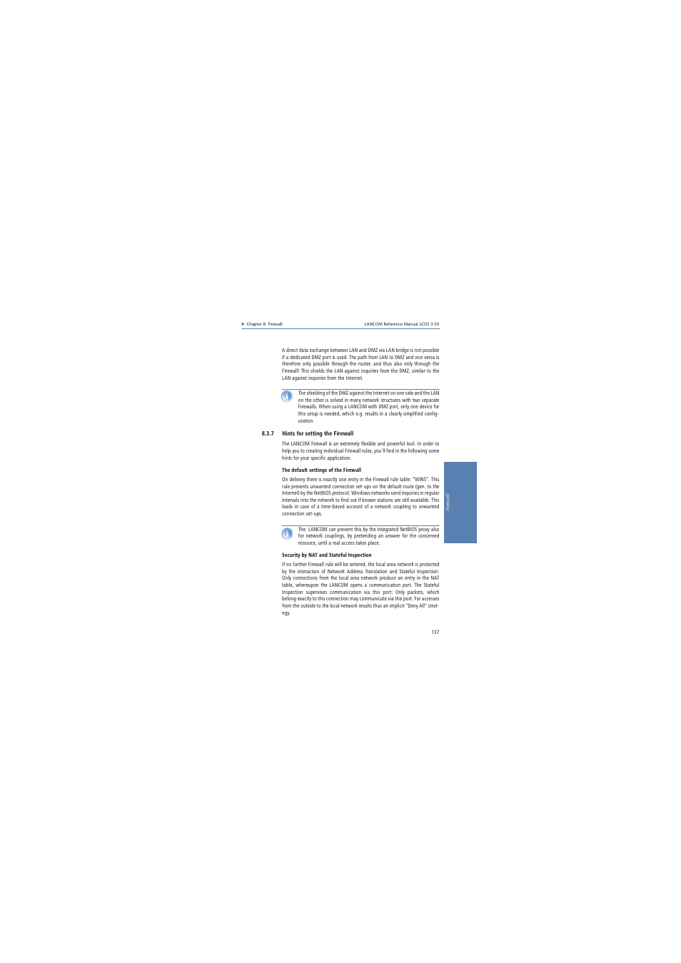 7 hints for setting the firewall | Lancom Systems LCOS 3.50 User Manual | Page 137 / 346