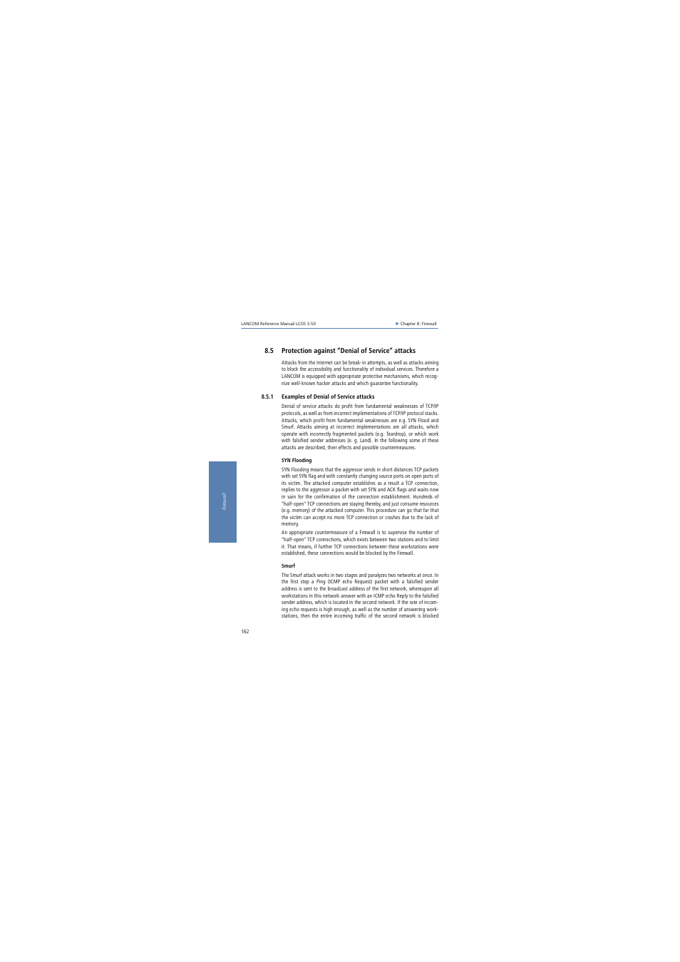 5 protection against “denial of service” attacks, 1 examples of denial of service attacks, Protection | Against “denial of service” attacks | Lancom Systems LCOS 3.50 User Manual | Page 162 / 346