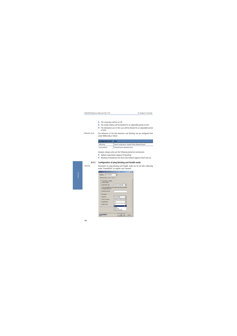 3 configuration of ping blocking and stealth mode | Lancom Systems LCOS 3.50 User Manual | Page 166 / 346