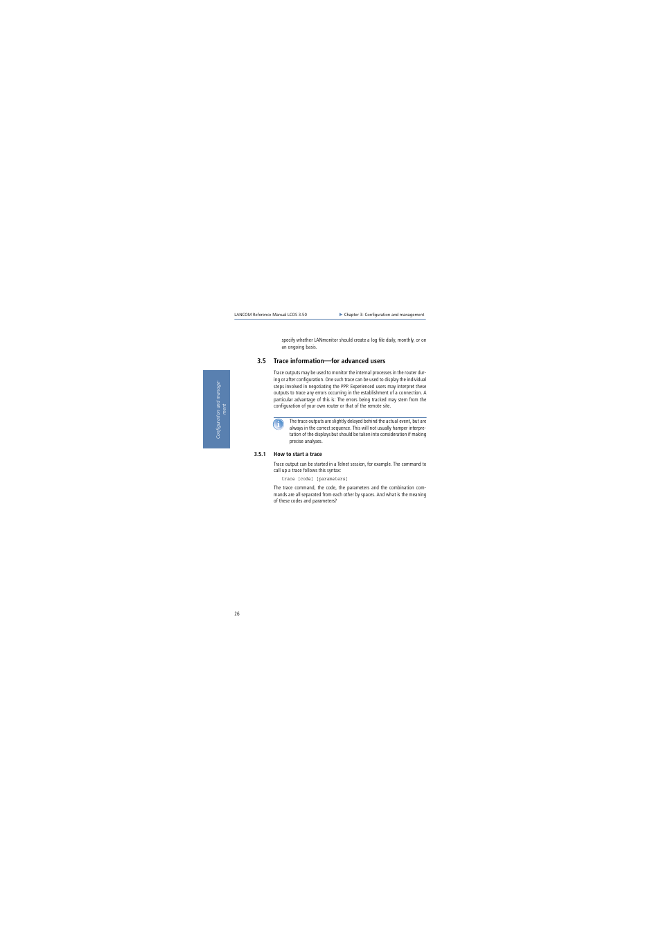 5 trace information-for advanced users, 1 how to start a trace, 5 trace information—for advanced users | Lancom Systems LCOS 3.50 User Manual | Page 26 / 346