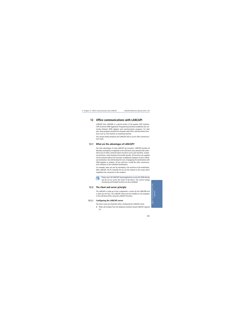 12 office communications with lancapi, 1 what are the advantages of lancapi, 2 the client and server principle | 1 configuring the lancapi server, Office communica | Lancom Systems LCOS 3.50 User Manual | Page 265 / 346