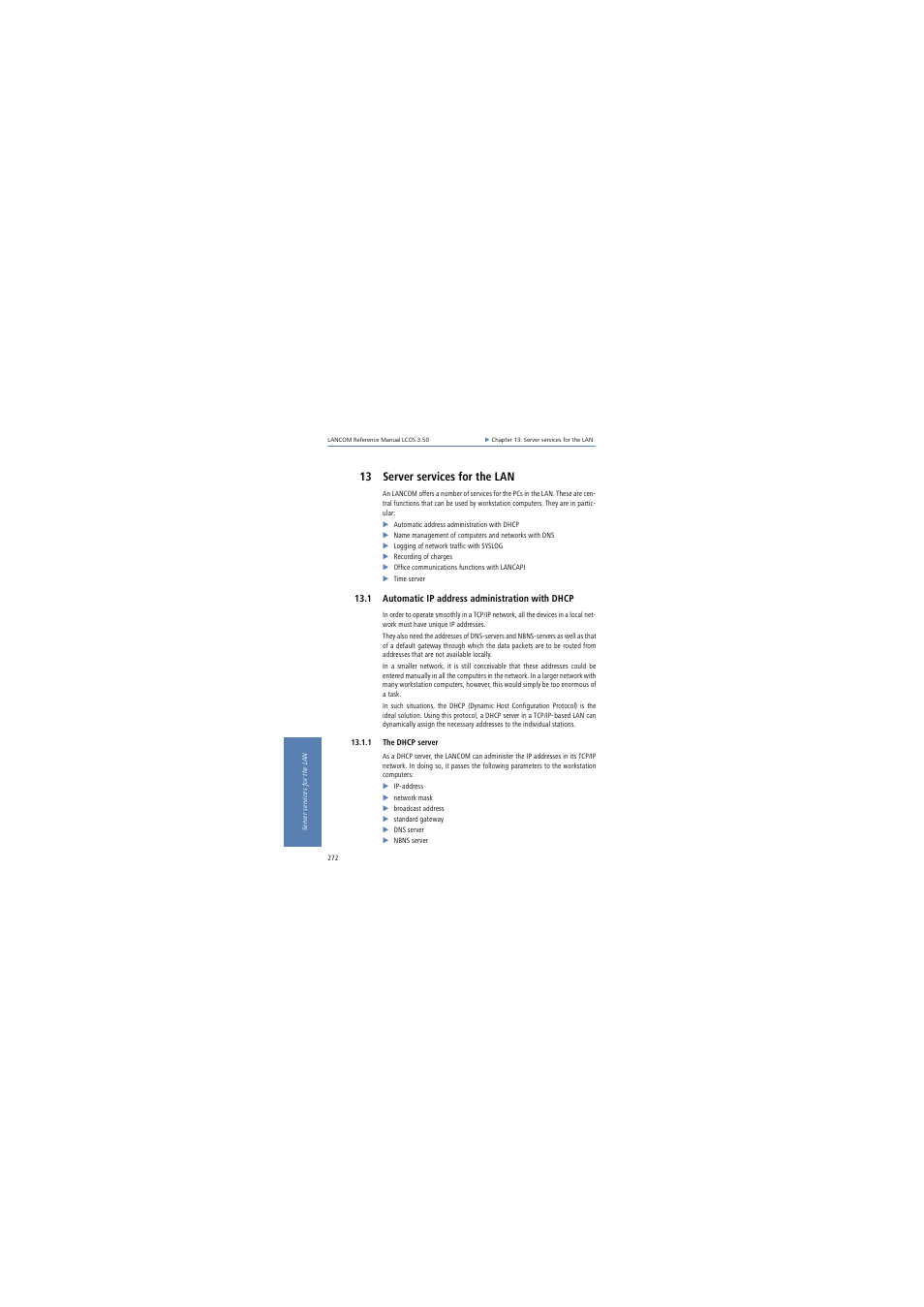 13 server services for the lan, 1 automatic ip address administration with dhcp, 1 the dhcp server | Lancom Systems LCOS 3.50 User Manual | Page 272 / 346
