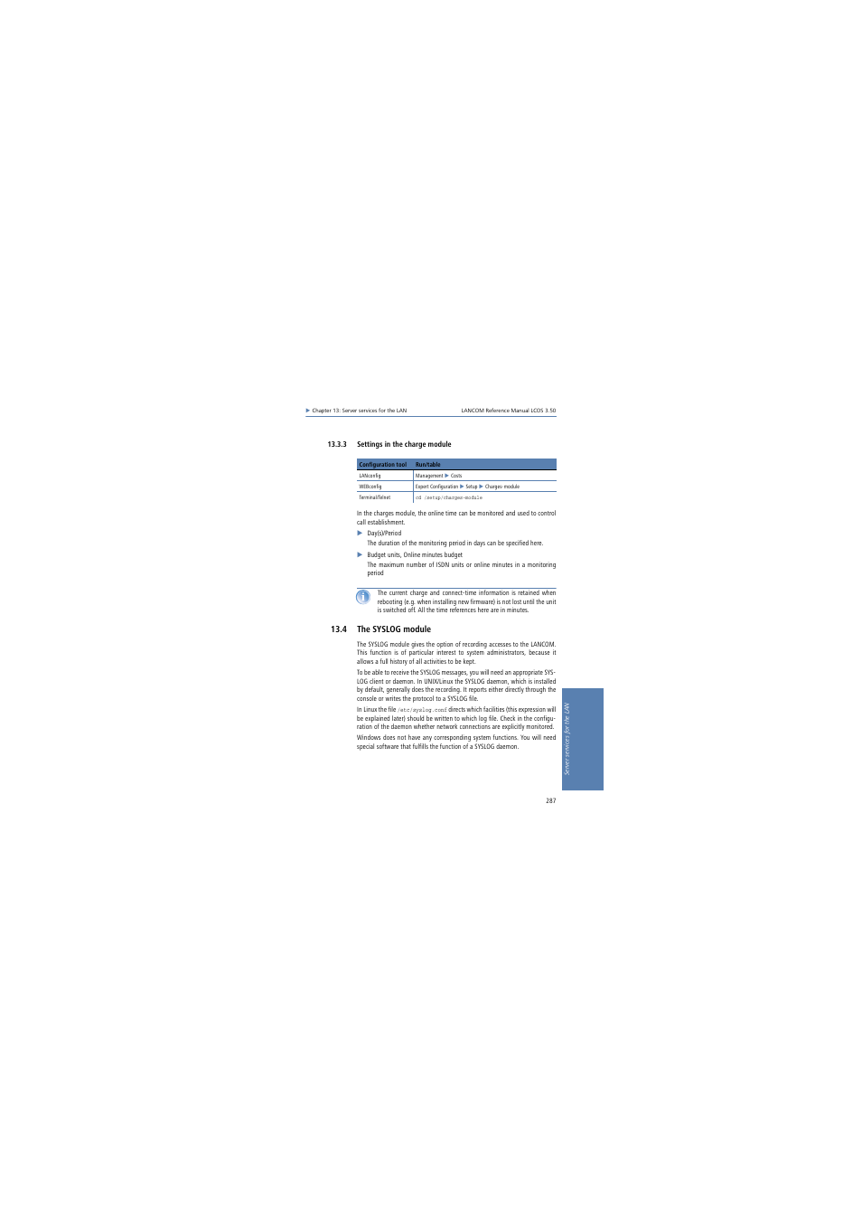 3 settings in the charge module, 4 the syslog module | Lancom Systems LCOS 3.50 User Manual | Page 287 / 346