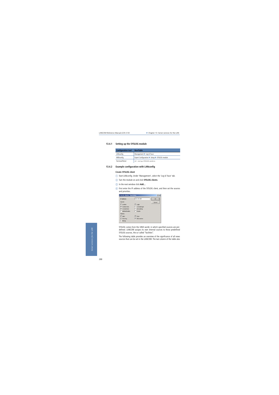 1 setting up the syslog module, 2 example configuration with lanconfig | Lancom Systems LCOS 3.50 User Manual | Page 288 / 346