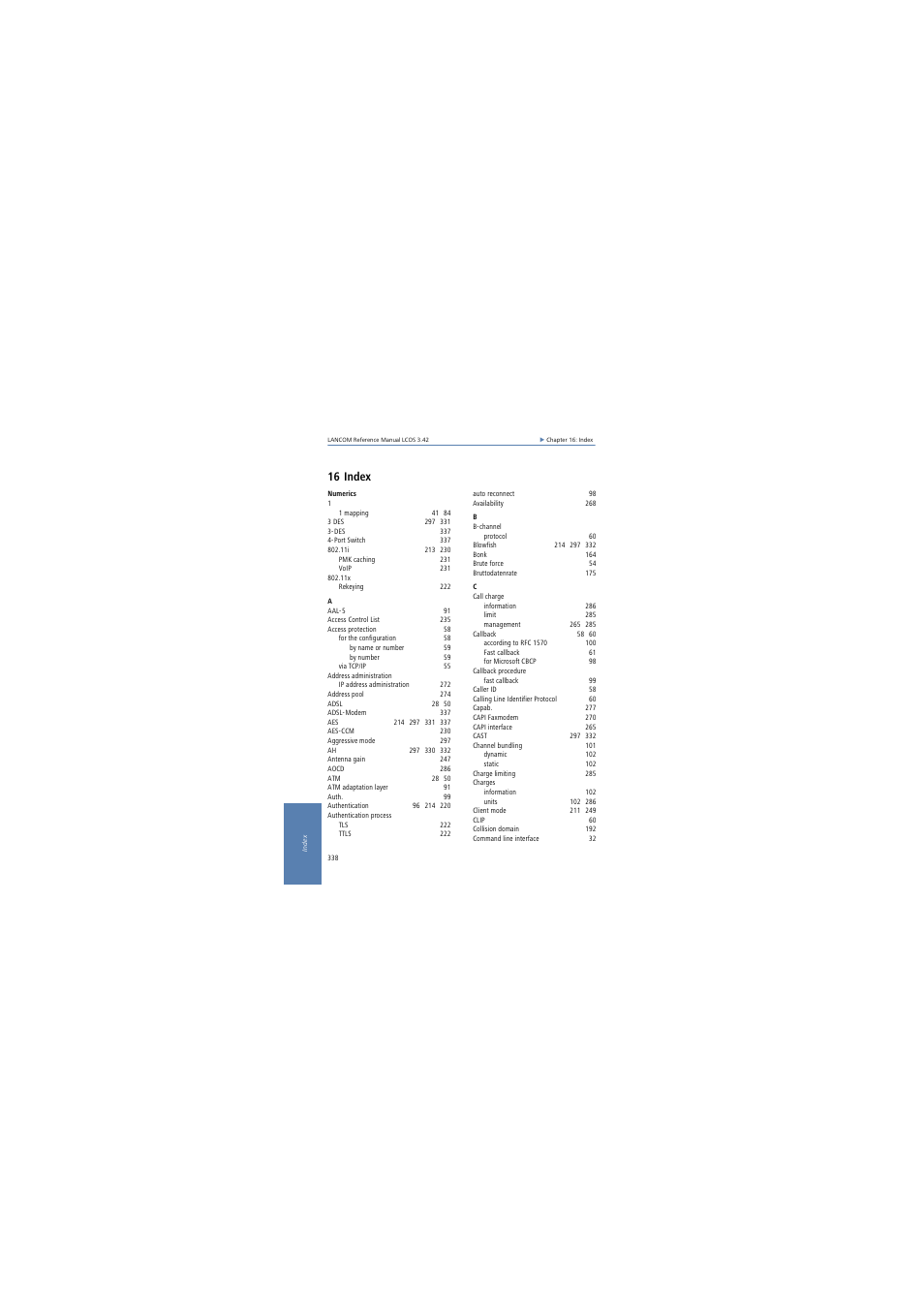 16 index, Index | Lancom Systems LCOS 3.50 User Manual | Page 338 / 346