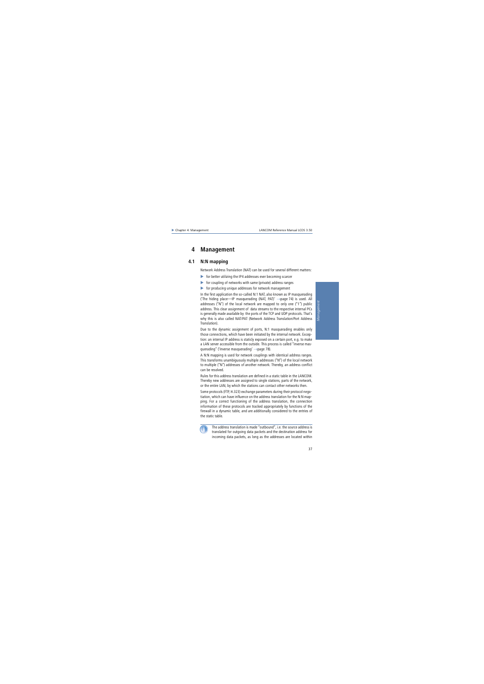 4 management, 1 n:n mapping | Lancom Systems LCOS 3.50 User Manual | Page 37 / 346