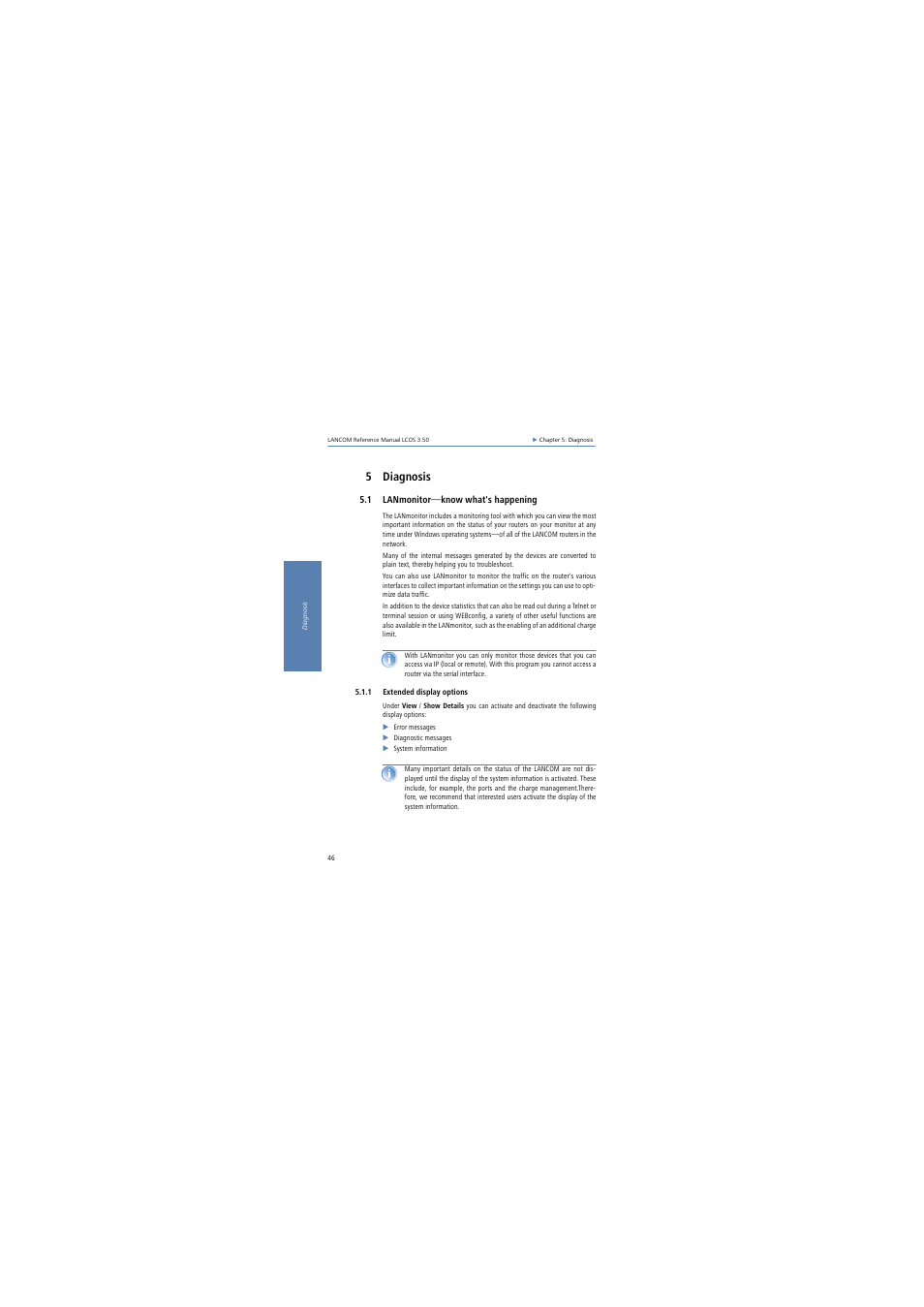 5 diagnosis, 1 lanmonitor-know what's happening, 1 extended display options | 1 lanmonitor—know what's happening | Lancom Systems LCOS 3.50 User Manual | Page 46 / 346