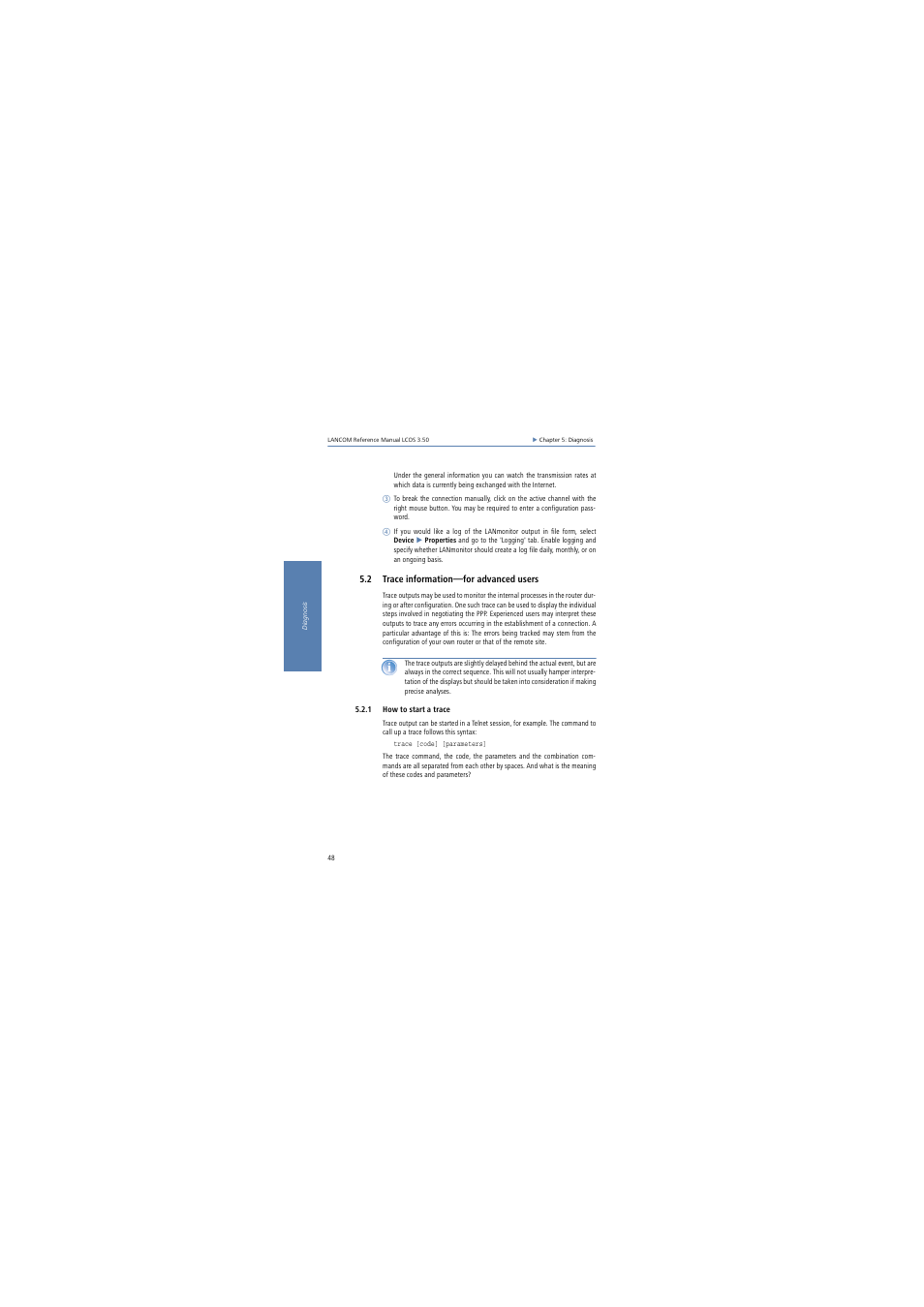 2 trace information-for advanced users, 1 how to start a trace, 2 trace information—for advanced users | Lancom Systems LCOS 3.50 User Manual | Page 48 / 346