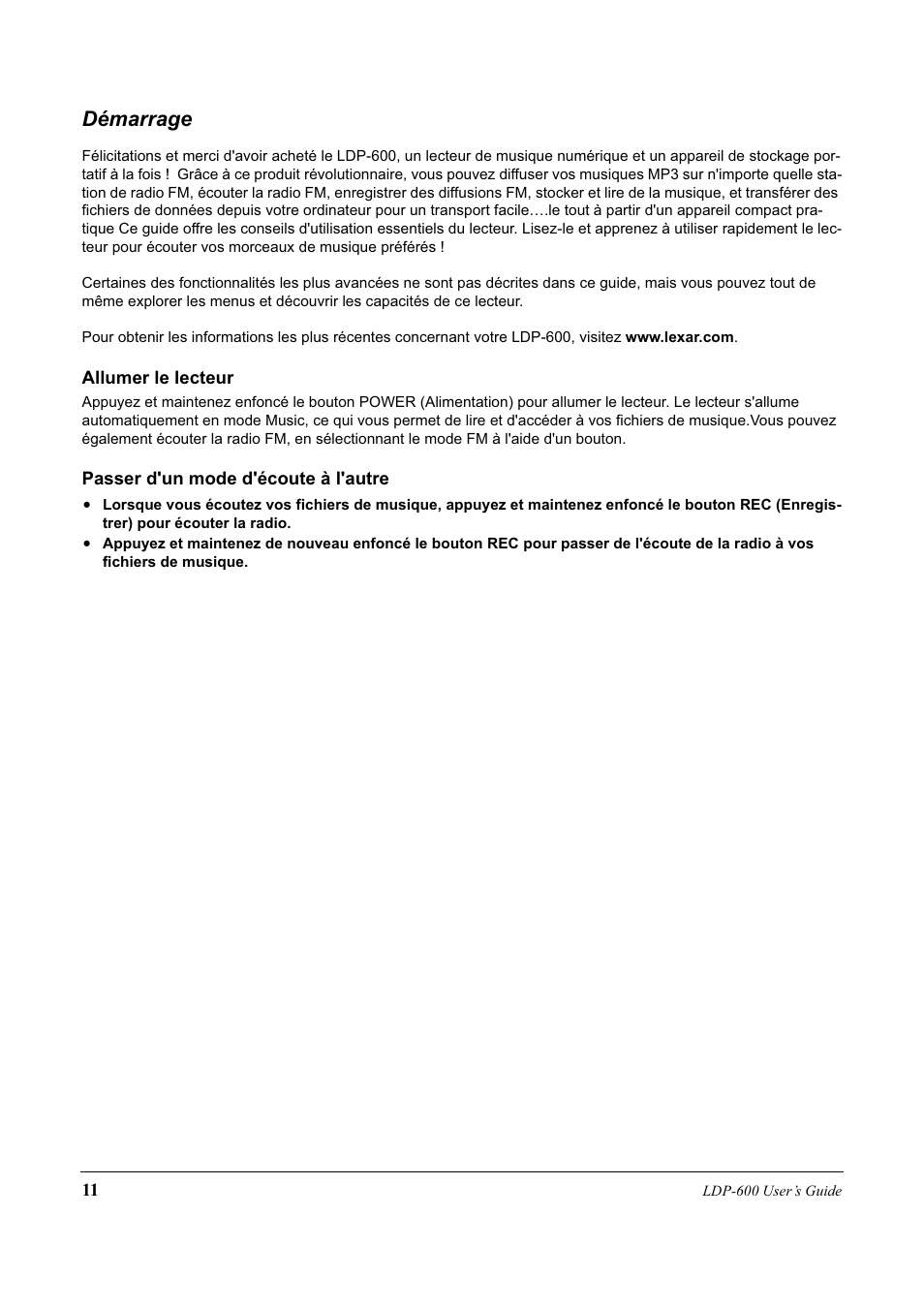 Démarrage | Lexar Media LDP-600 User Manual | Page 11 / 28