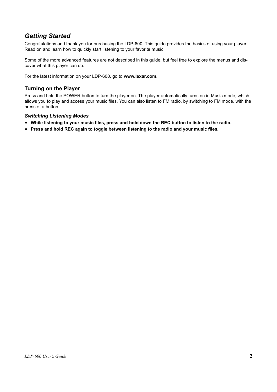 Getting started | Lexar Media LDP-600 User Manual | Page 2 / 28