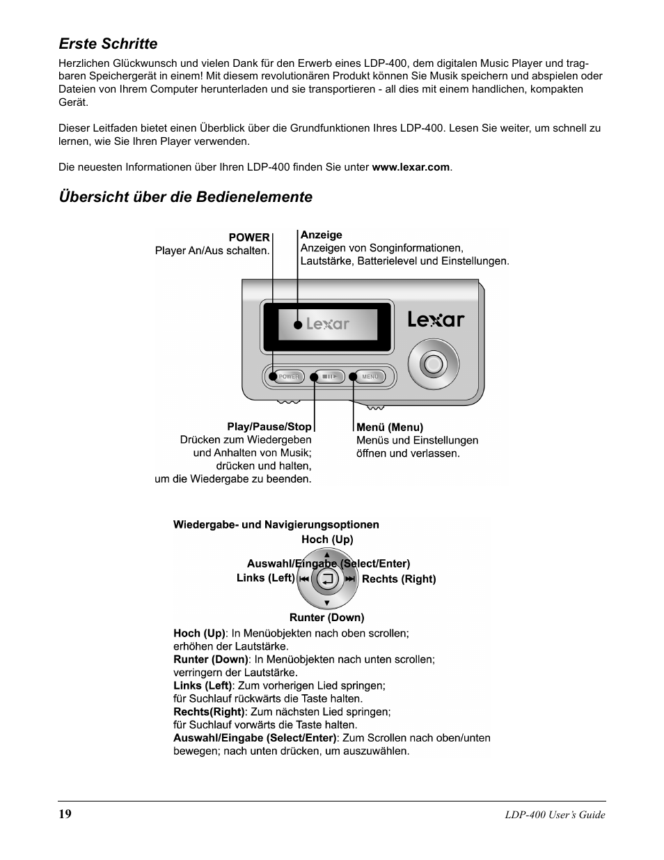 Erste schritte, Übersicht über die bedienelemente | Lexar Media Lexar LDP-400 User Manual | Page 19 / 36