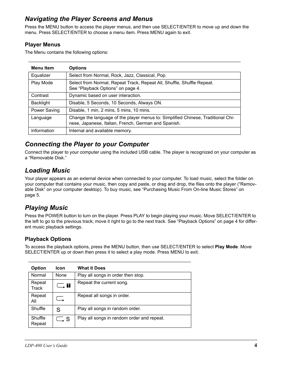 Navigating the player screens and menus, Connecting the player to your computer, Loading music | Playing music | Lexar Media Lexar LDP-400 User Manual | Page 4 / 36