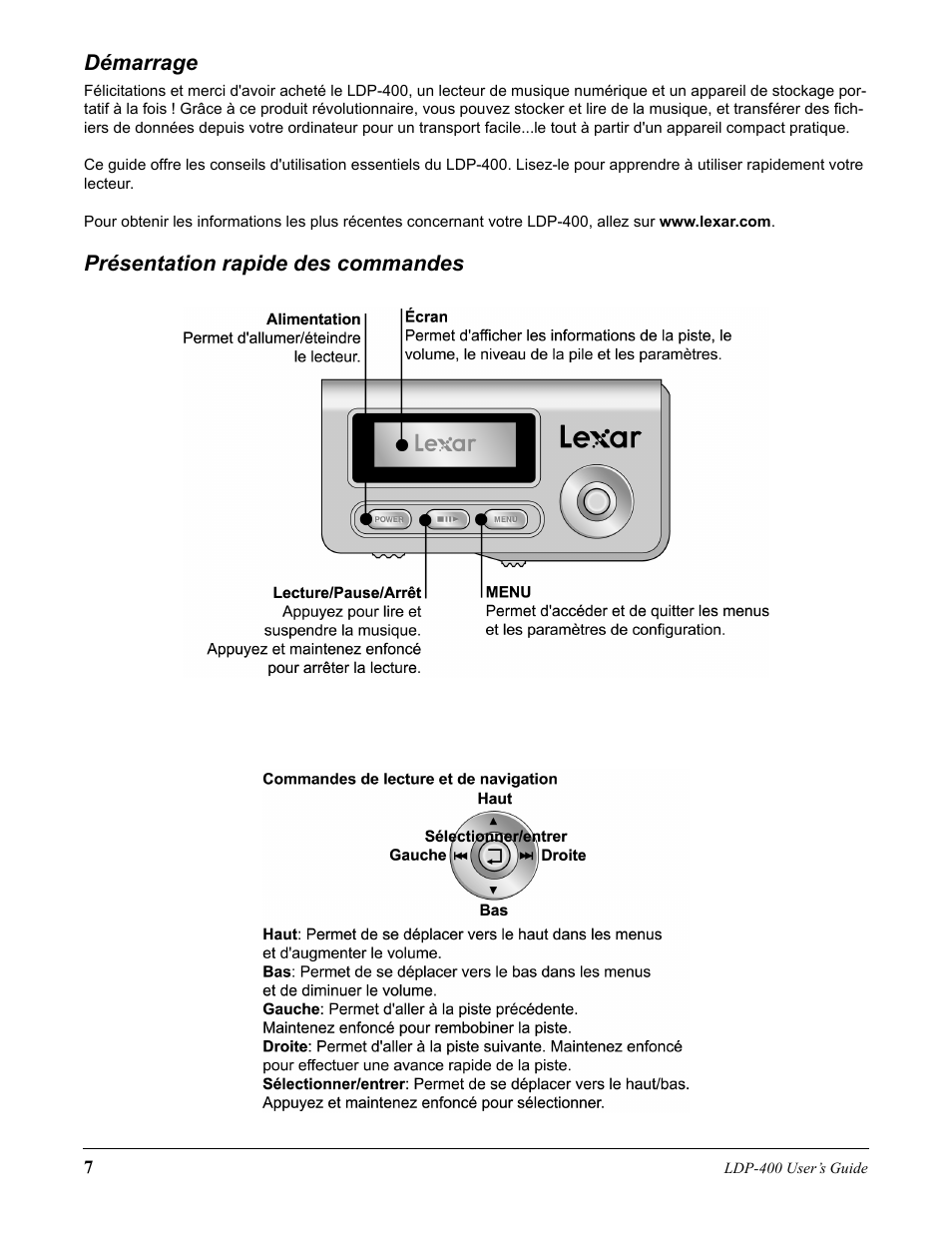 Démarrage, Présentation rapide des commandes | Lexar Media Lexar LDP-400 User Manual | Page 7 / 36