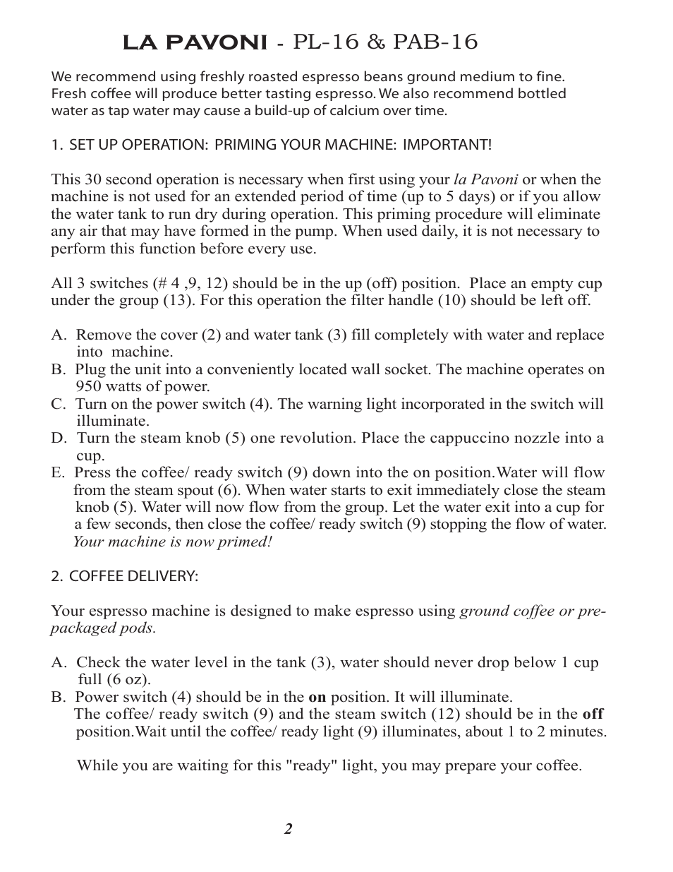 La pavoni, Pl-16 & pab-16 | La Pavoni PAB-16 User Manual | Page 2 / 8