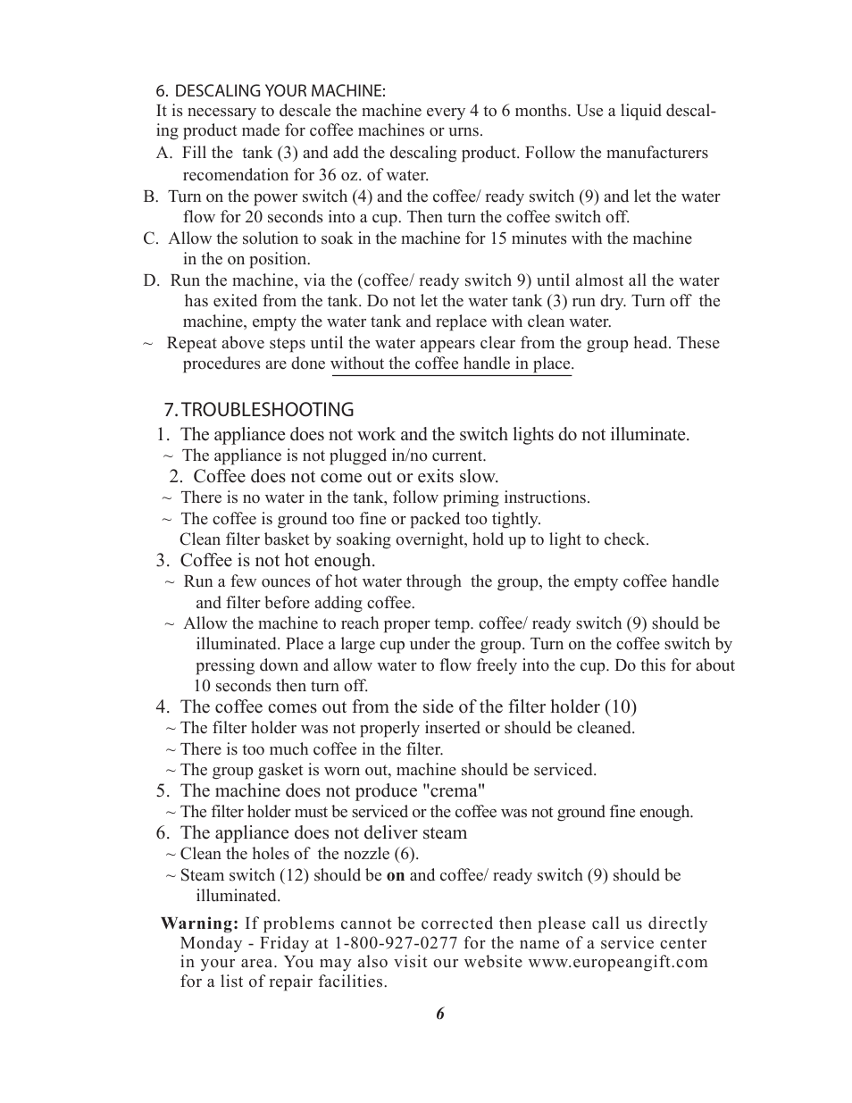 Troubleshooting | La Pavoni PAB-16 User Manual | Page 6 / 8