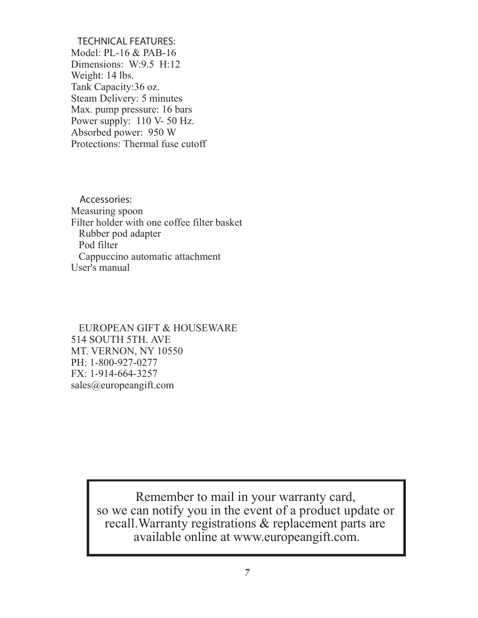 La Pavoni PAB-16 User Manual | Page 7 / 8