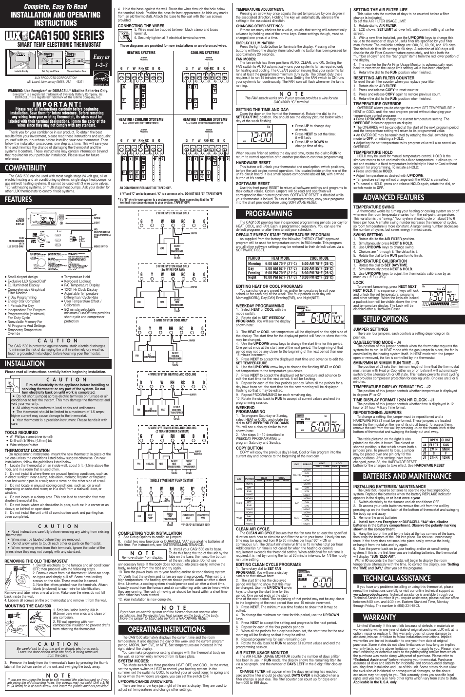 Lux Products CAG1500 User Manual | 1 page