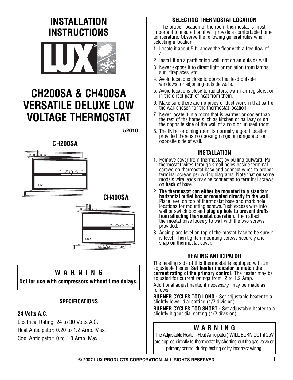 Lux Products CH200SA User Manual | 4 pages