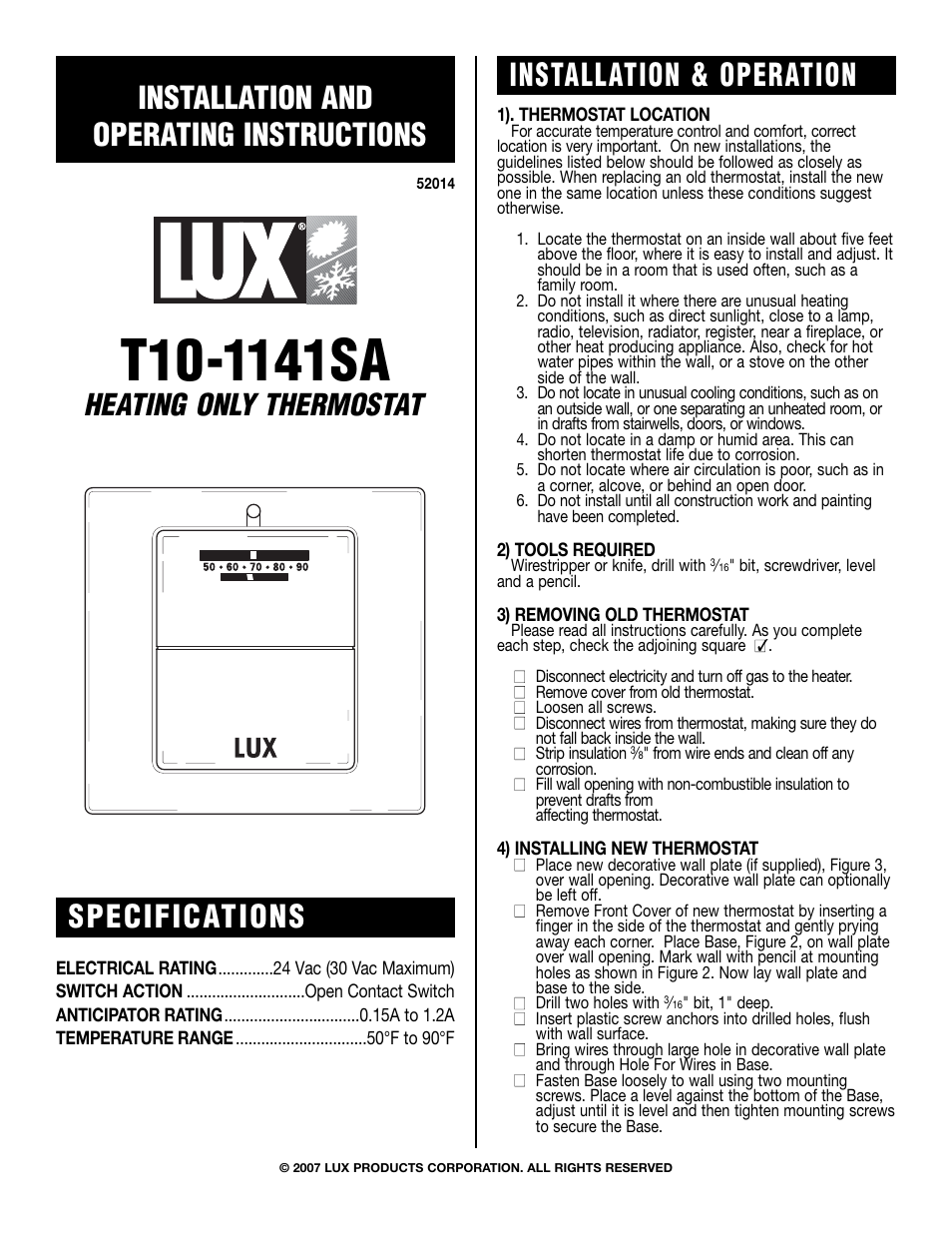 Lux Products T10-1141SA User Manual | 2 pages