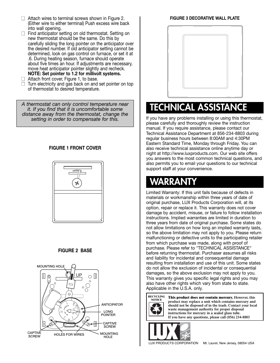 Technical assistance warranty, Figure 1 front cover figure 2 base, Figure 3 decorative wall plate | Lux Products T10-1141SA User Manual | Page 2 / 2