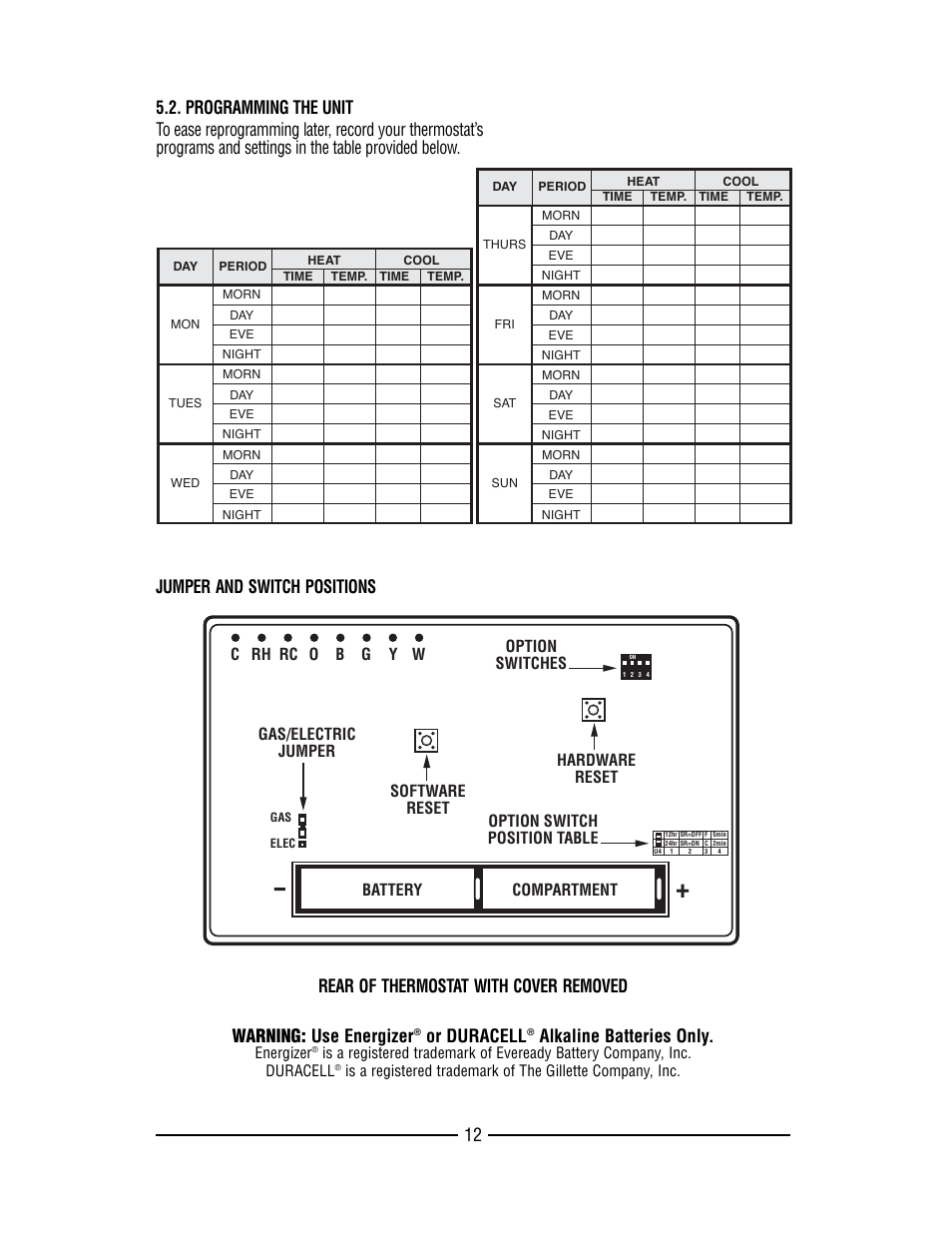 12 warning: use energizer, Or duracell, Alkaline batteries only | Lux Products TX9000TS User Manual | Page 12 / 12