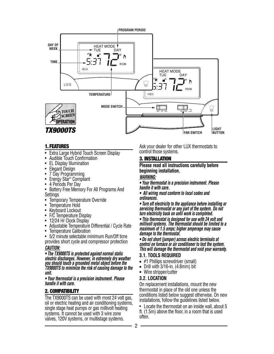 Tx9000ts | Lux Products TX9000TS User Manual | Page 2 / 12