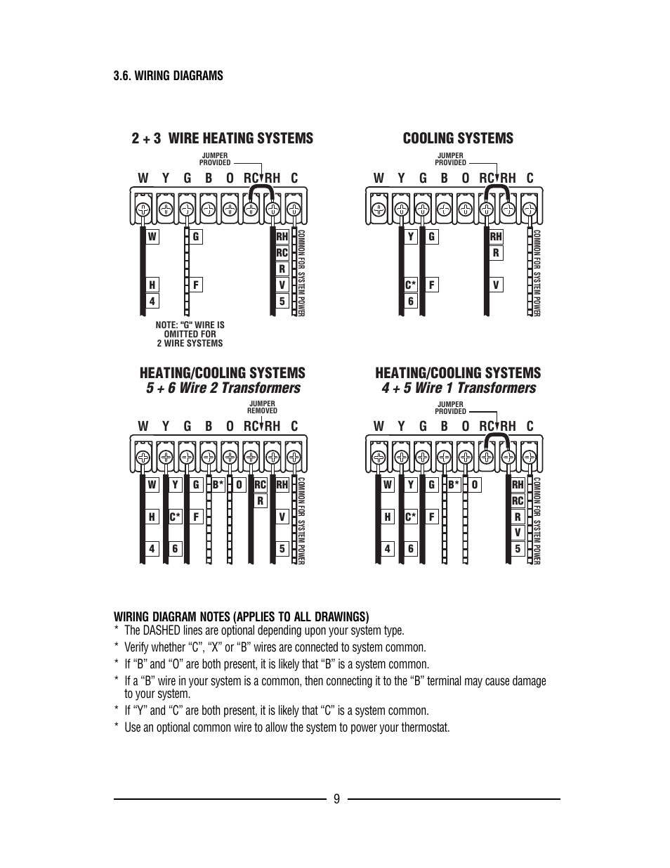 5 + 6 wire 2 transformers, 4 + 5 wire 1 transformers, Heating/cooling systems | 2 + 3 wire heating systems, Cooling systems | Lux Products TX9000TS User Manual | Page 9 / 12