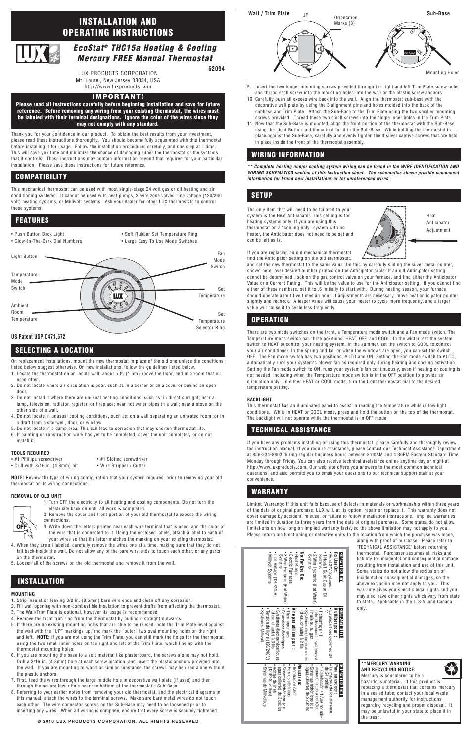 Lux Products EcoStat THC15a User Manual | 2 pages