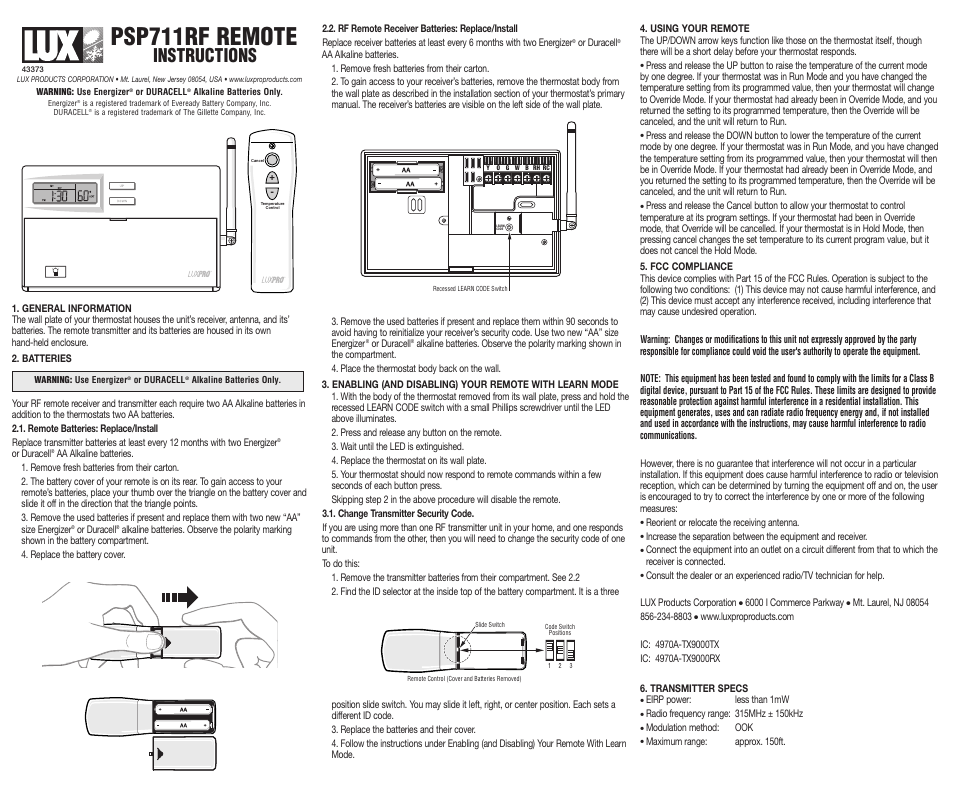 Lux Products PSP711RF User Manual | 1 page