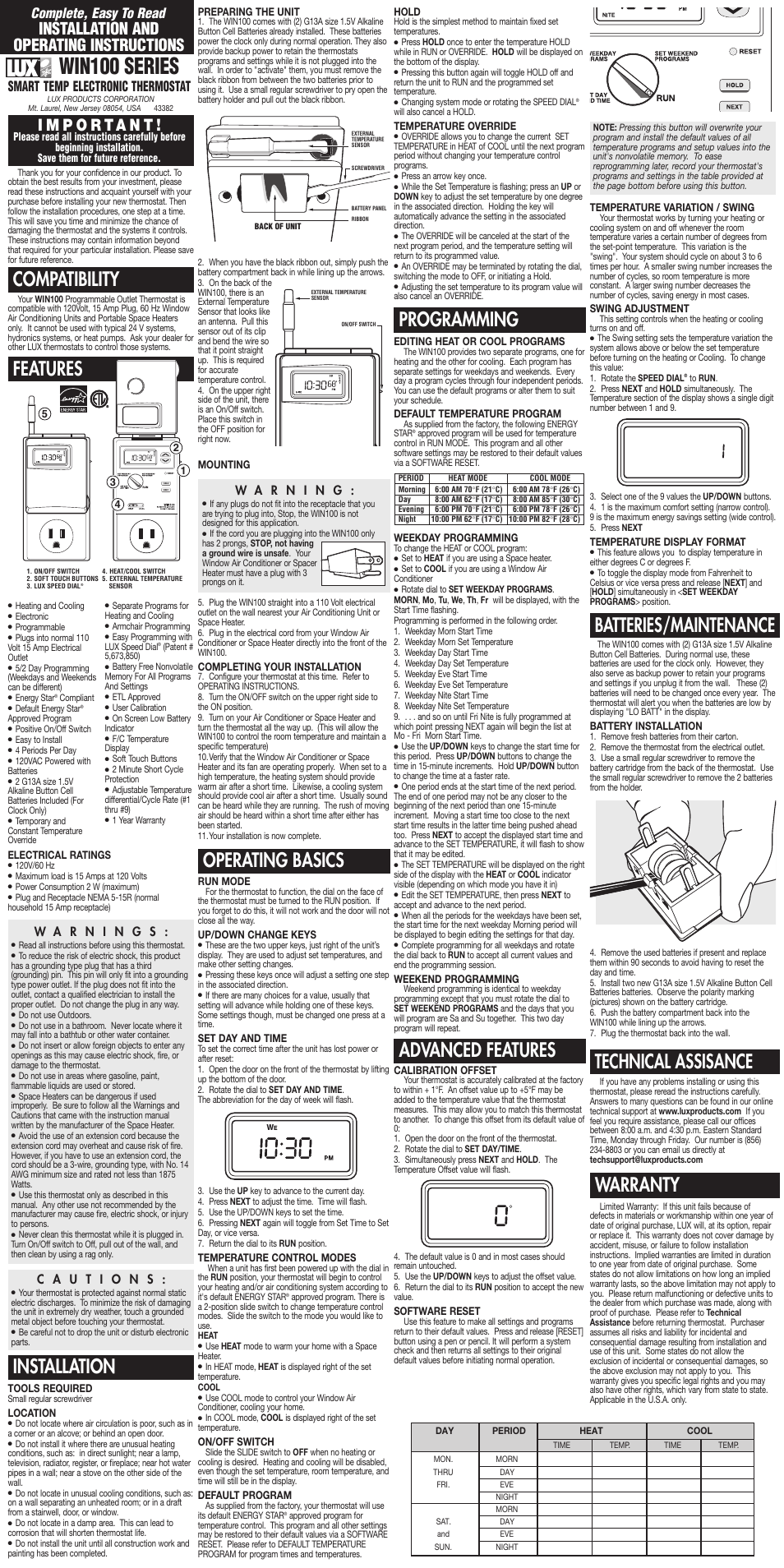 Lux Products WIN100 Series User Manual | 1 page