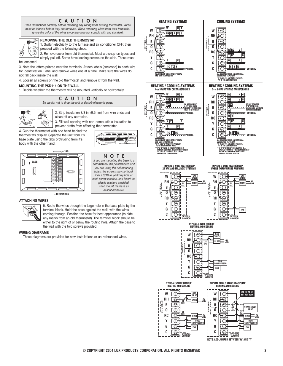 N o t e, Attaching wires w rh b o rc y g c, Wrh b o rc y g c | Heating systems cooling systems, Heating / cooling systems | Lux Products PSD111 User Manual | Page 2 / 3