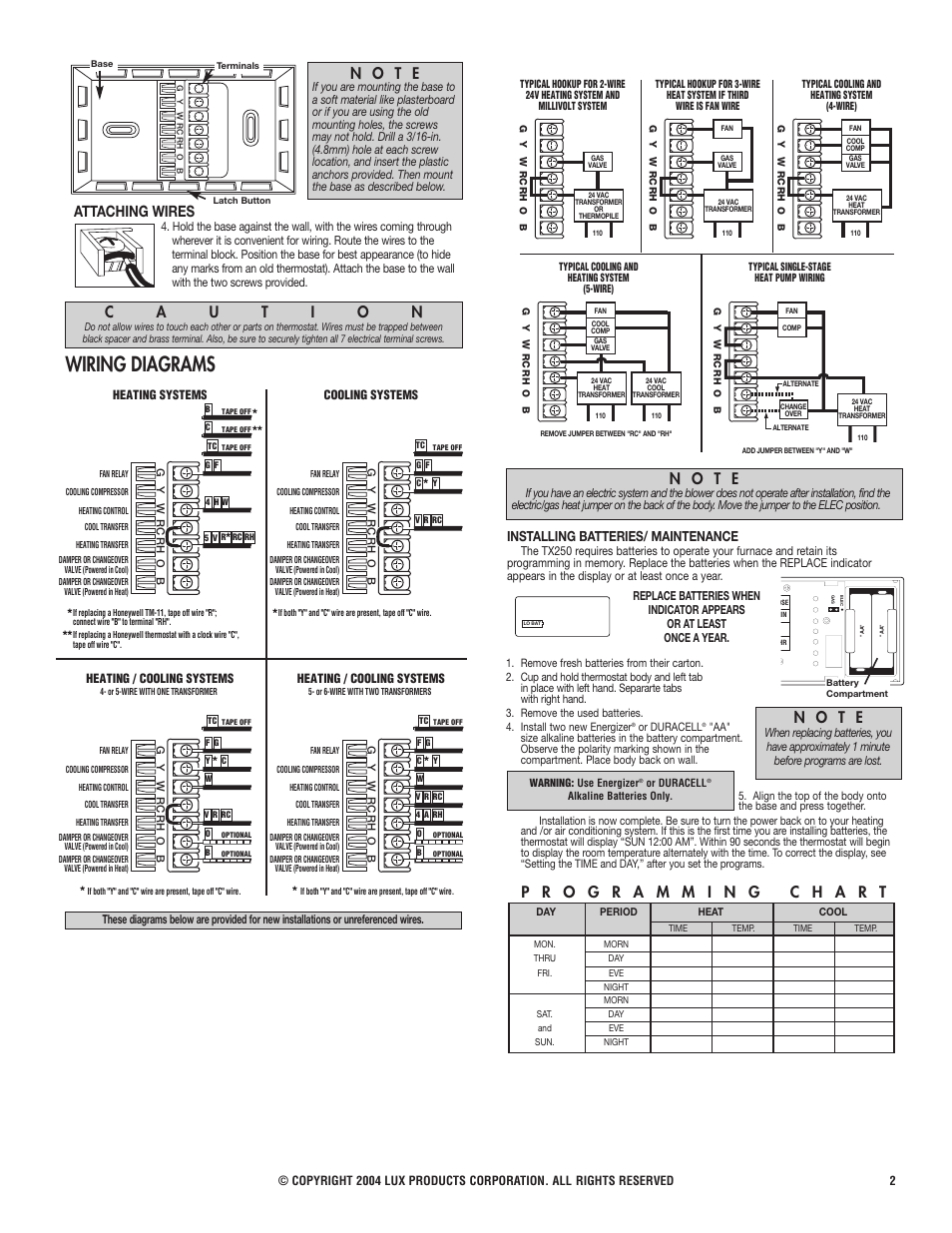 Wiring diagrams, N o t e, Installing batteries/ maintenance | Lux Products TX250 User Manual | Page 2 / 3