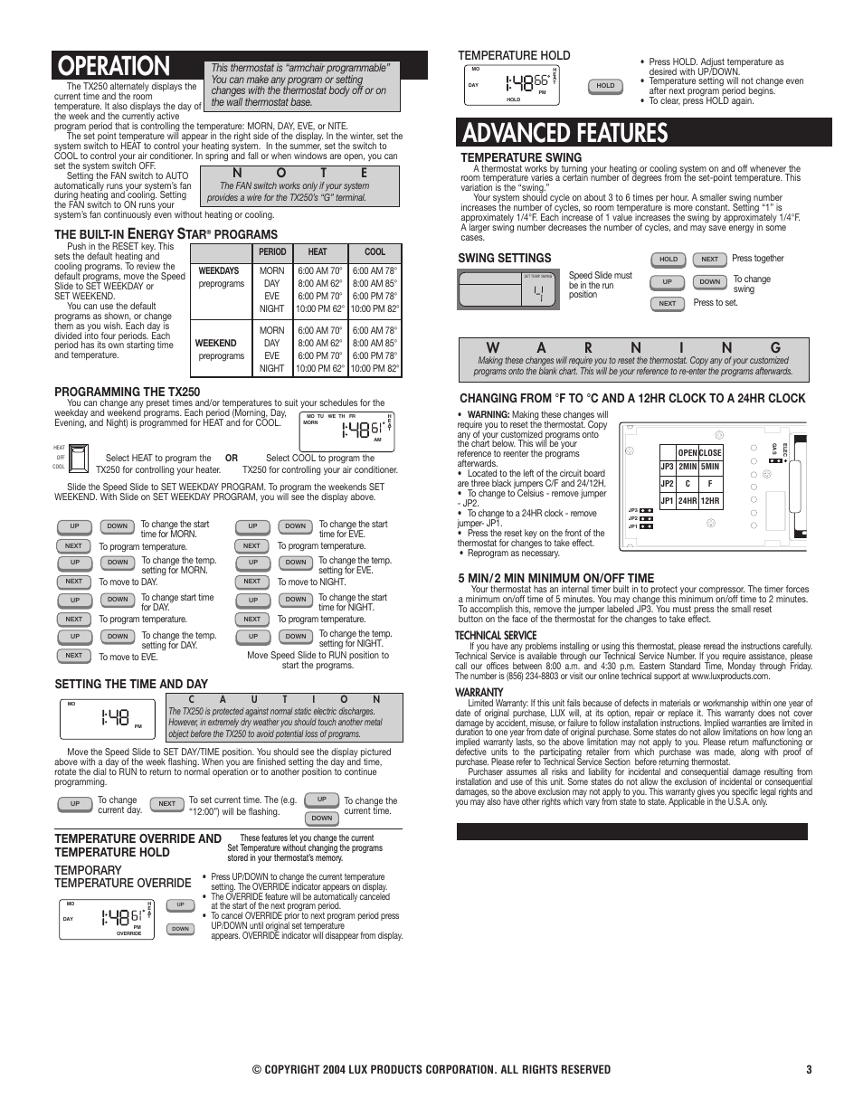 Operation, Advanced features, Setting the time and day | No t e, Programming the tx250, The built-in, Nergy, Programs, Temperature swing, Temperature hold | Lux Products TX250 User Manual | Page 3 / 3