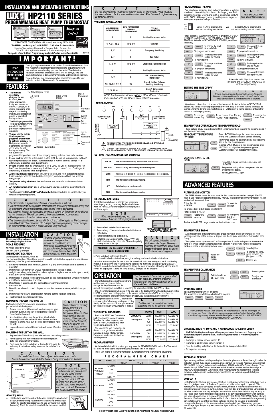 Lux Products hp2110 User Manual | 1 page