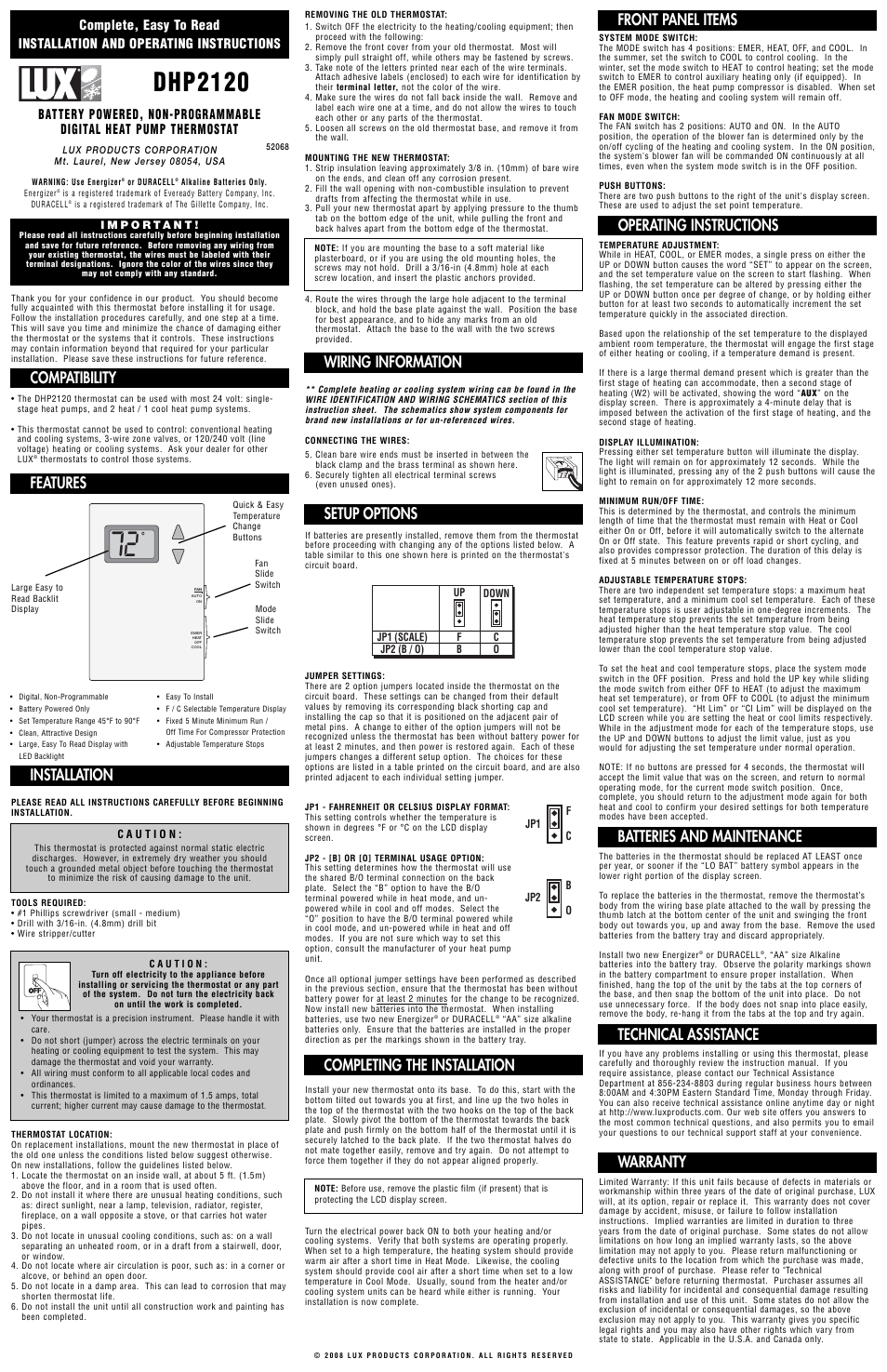 Lux Products DHP2120 User Manual | 2 pages