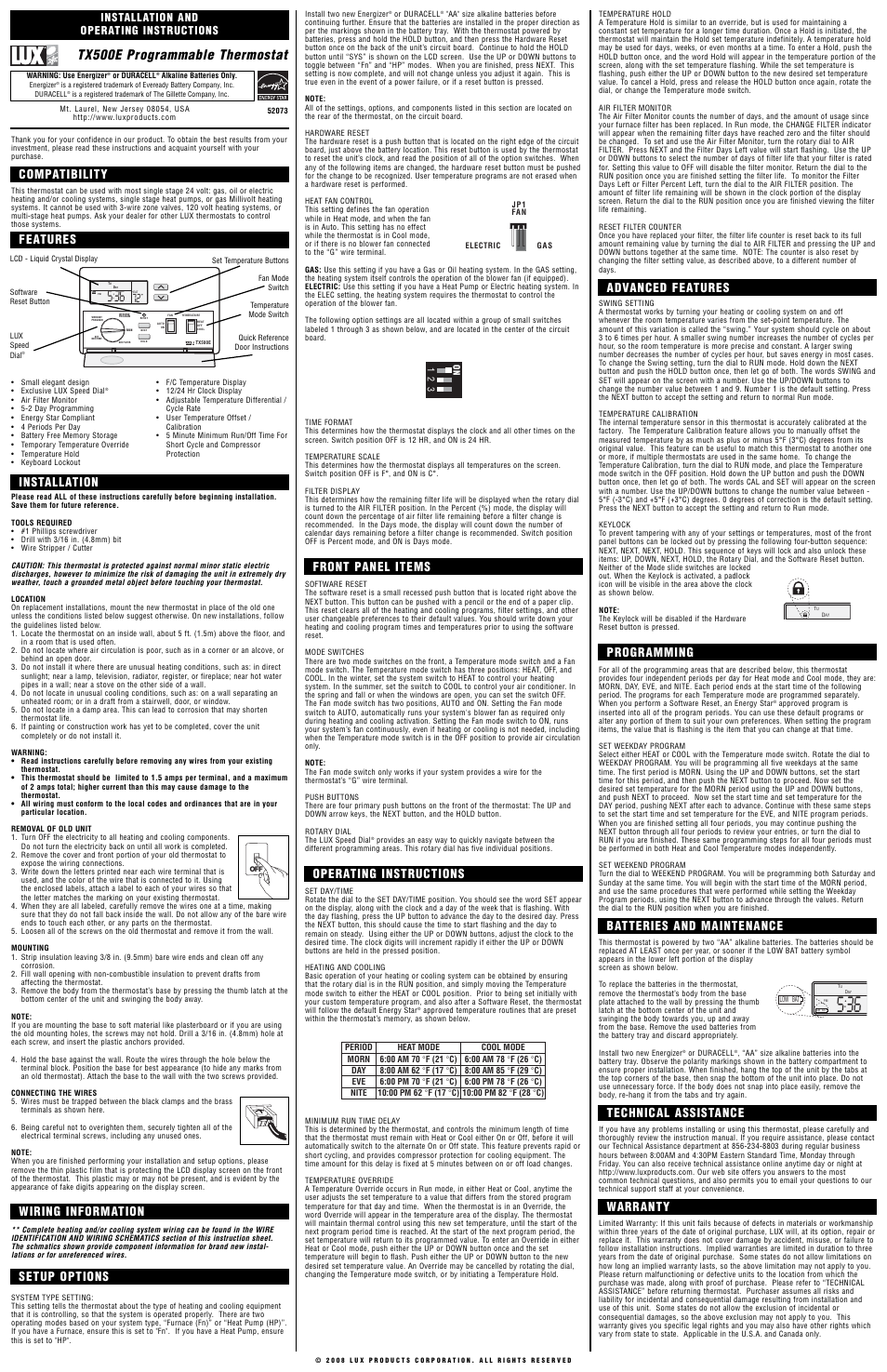 Lux Products TX500E User Manual | 2 pages