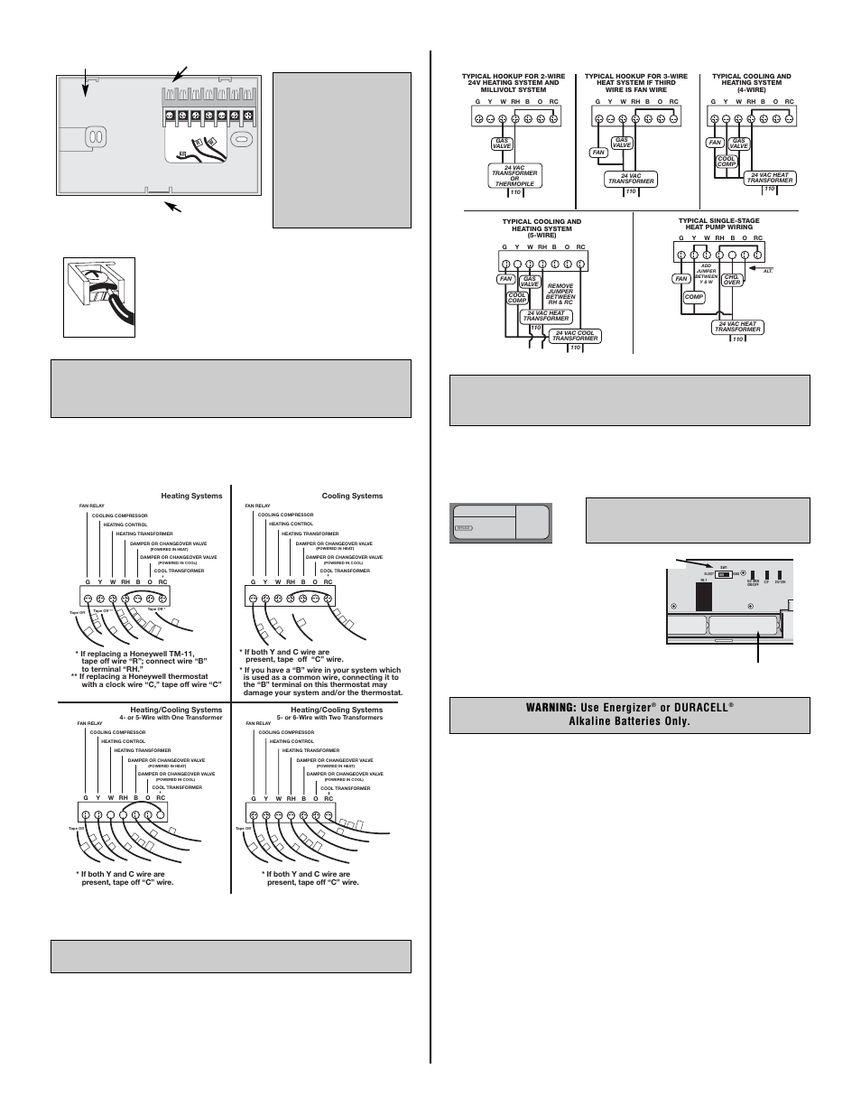 Tx1500_eng_pg2.pdf, Wiring diagrams, N o t e | Installing batteries/ maintenance, Warranty, Warning: use energizer, Alkaline batteries only, Or duracell | Lux Products SMART TEMP TX1500 User Manual | Page 2 / 3