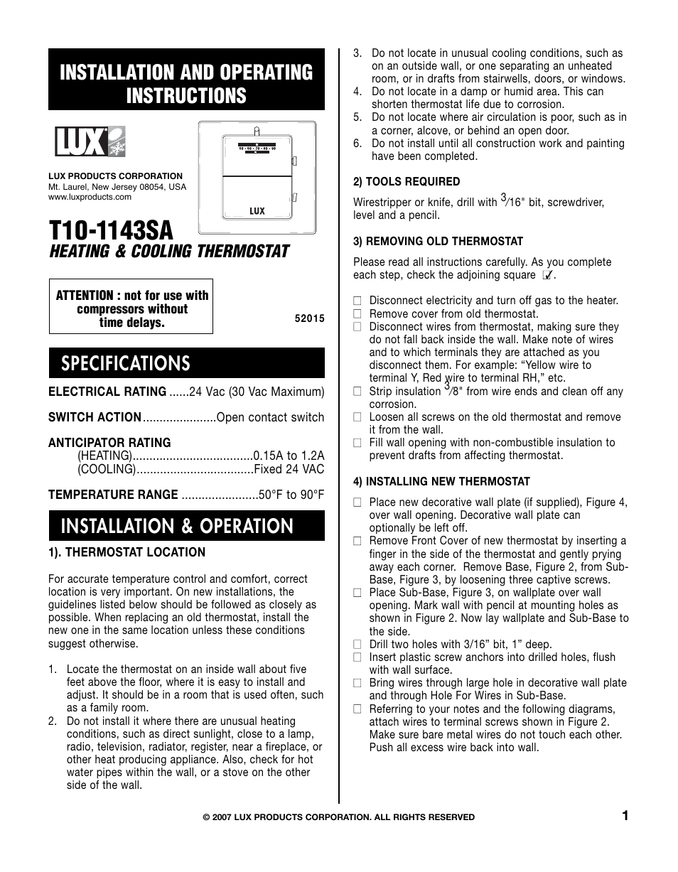 Lux Products T10-1143SA User Manual | 4 pages