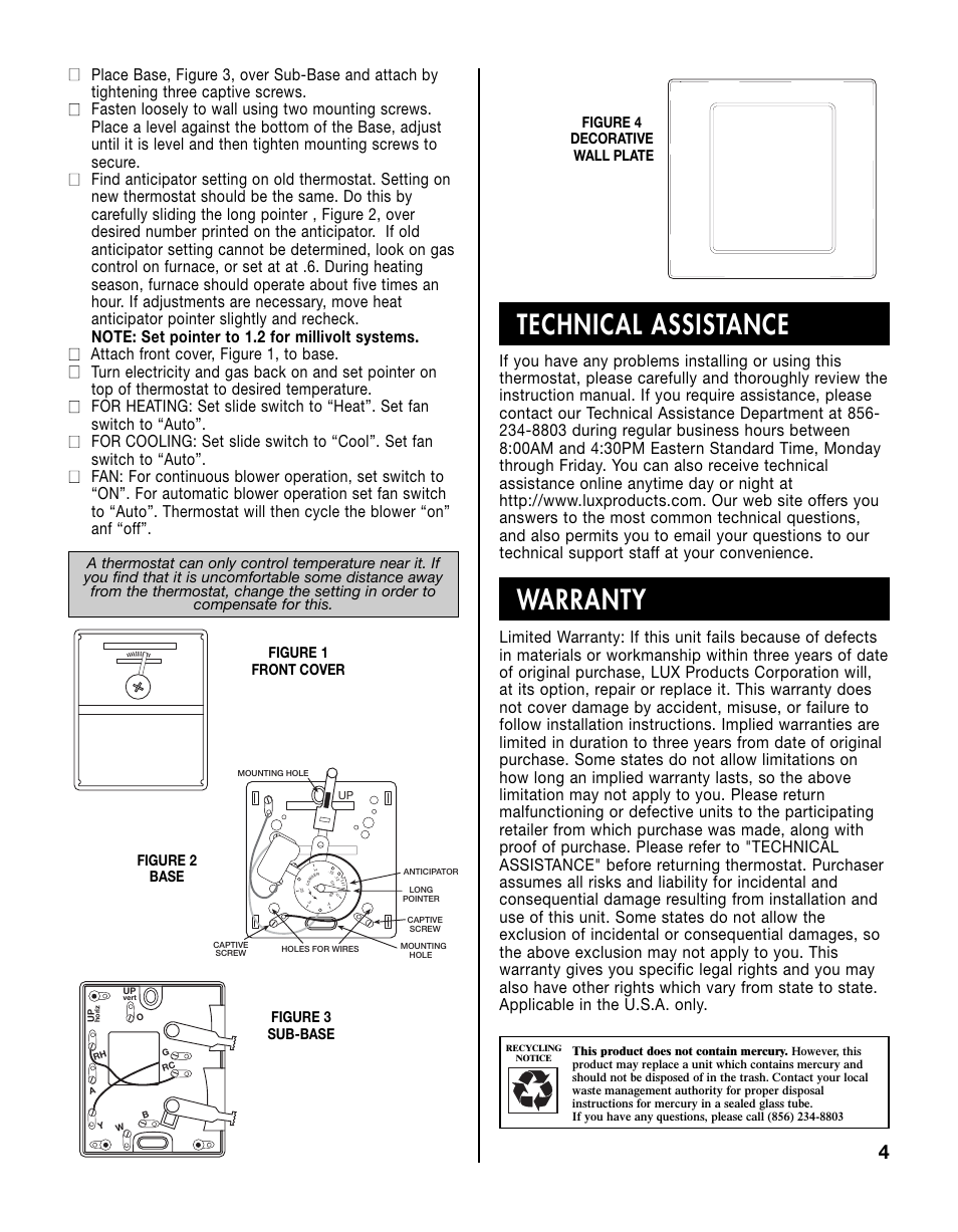 Warranty technical assistance | Lux Products T10-1143SA User Manual | Page 4 / 4