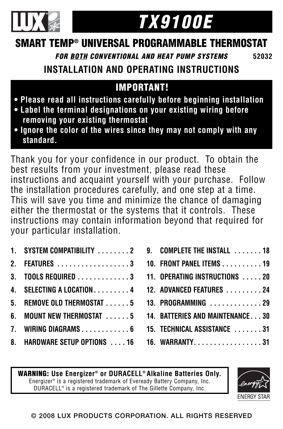 Lux Products SMART TEMP TX9100E User Manual | 32 pages