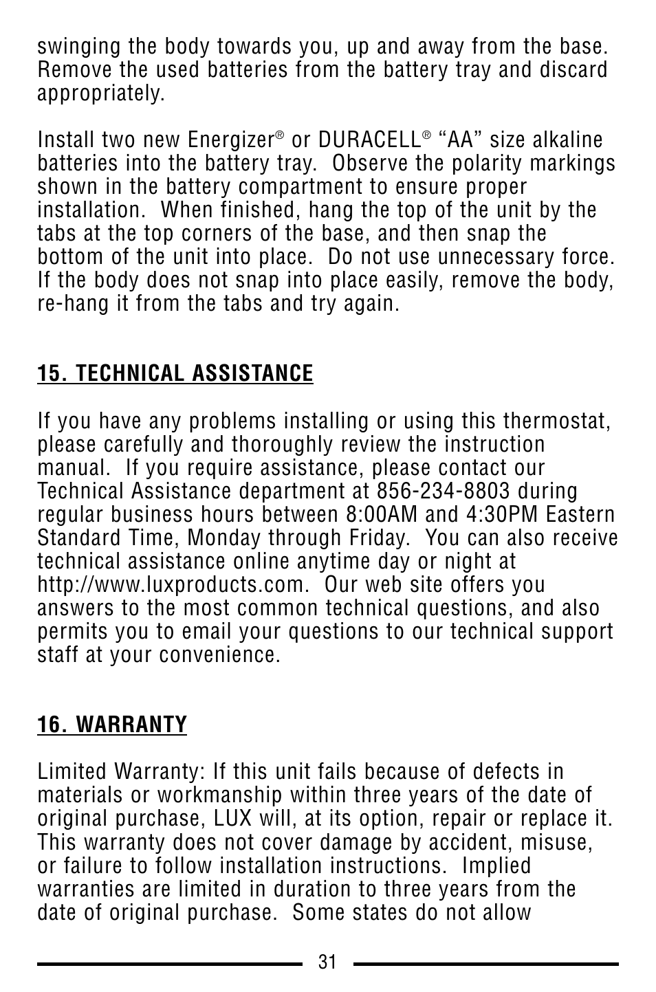 Lux Products SMART TEMP TX9100E User Manual | Page 31 / 32