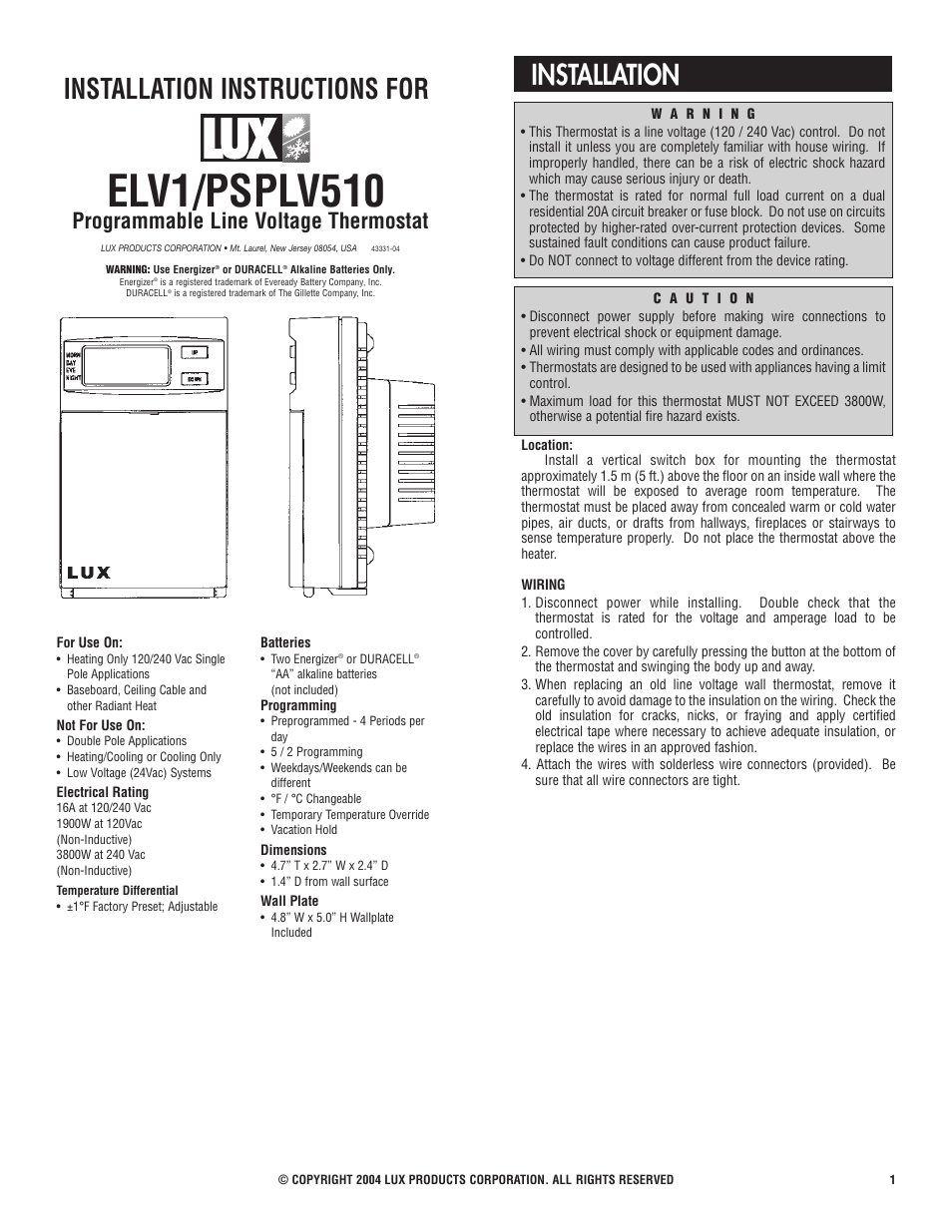 Lux Products ELV1/PSPLV510 User Manual | 3 pages