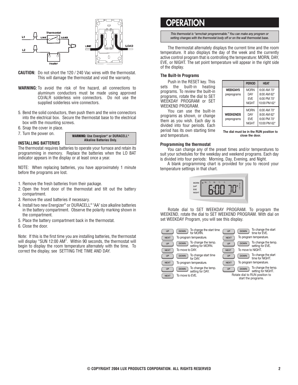 Operation, Or duracell | Lux Products ELV1/PSPLV510 User Manual | Page 2 / 3