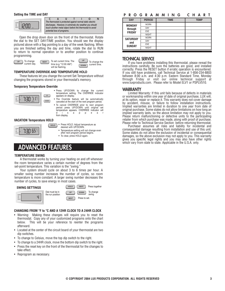 Advanced features, Technical service, Warranty | Lux Products ELV1/PSPLV510 User Manual | Page 3 / 3