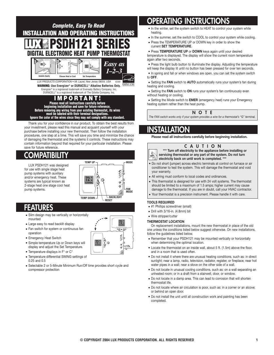 Lux Products PSDH121 User Manual | 3 pages