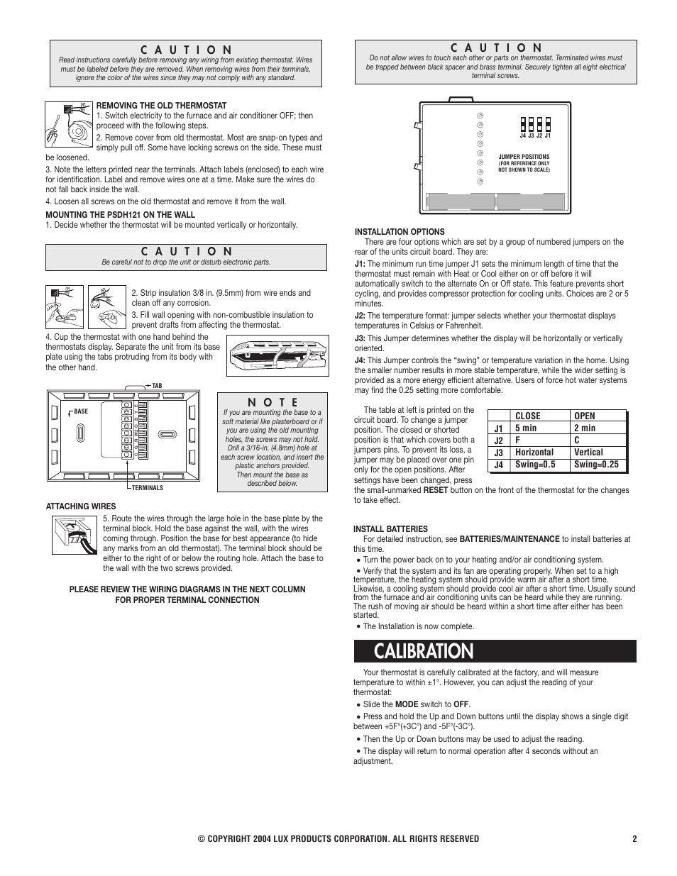 Calibration, N o t e | Lux Products PSDH121 User Manual | Page 2 / 3