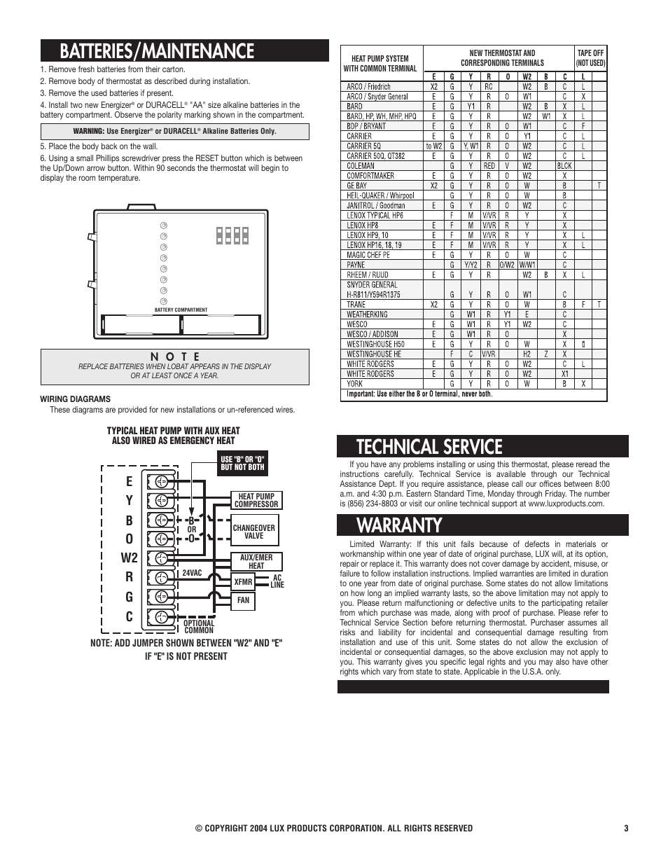 Batteries/maintenance, Technical service, Warranty | Ey b o w2 r g c | Lux Products PSDH121 User Manual | Page 3 / 3
